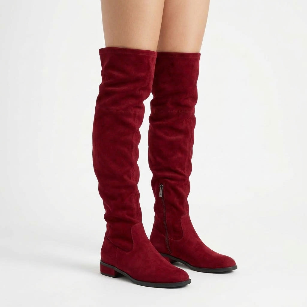 Red boots, three-quarter view