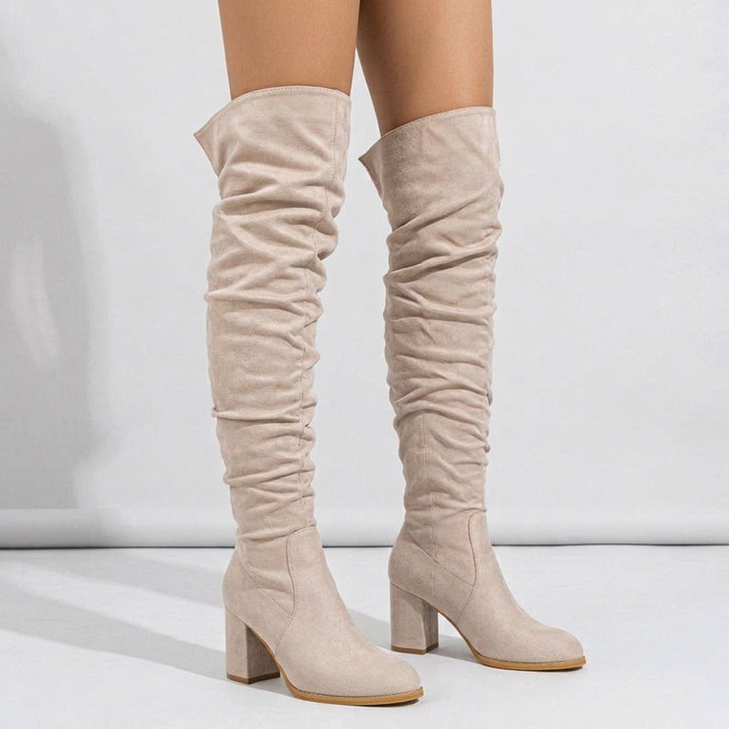 Apricot boots, three-quarter view