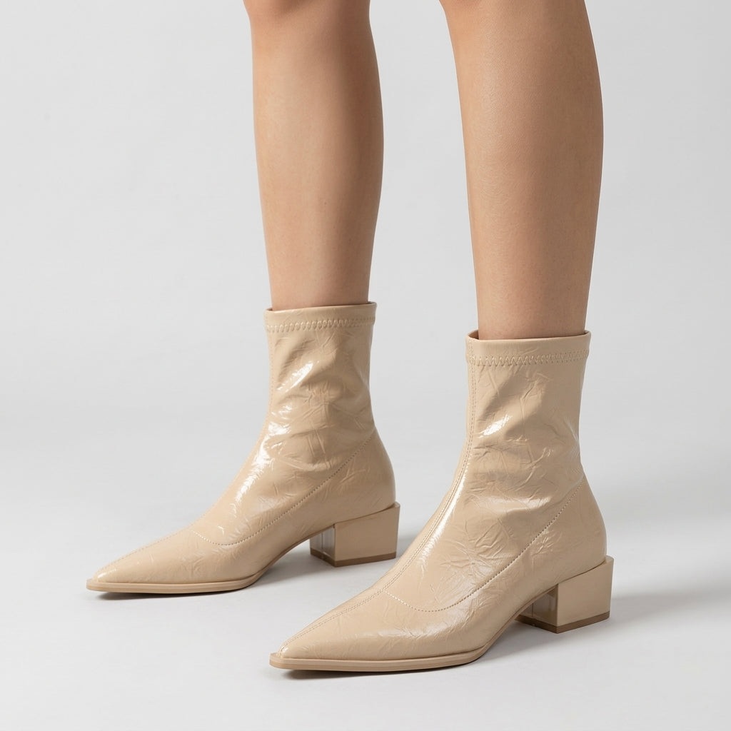 Beige boots, three-quarter view