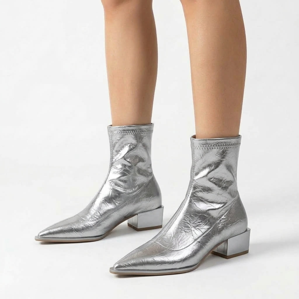 Silver grey boots, three-quarter view