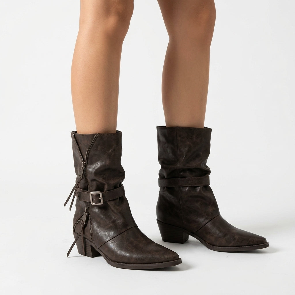Brown boots, three-quarter view