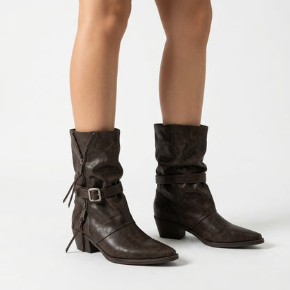 Brown boots, three-quarter view