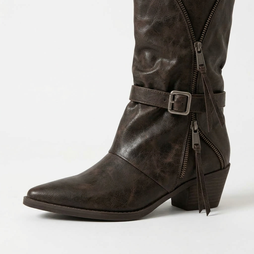 Brown boots, zip and buckle detail