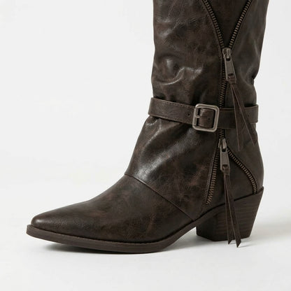 Brown boots, zip and buckle detail