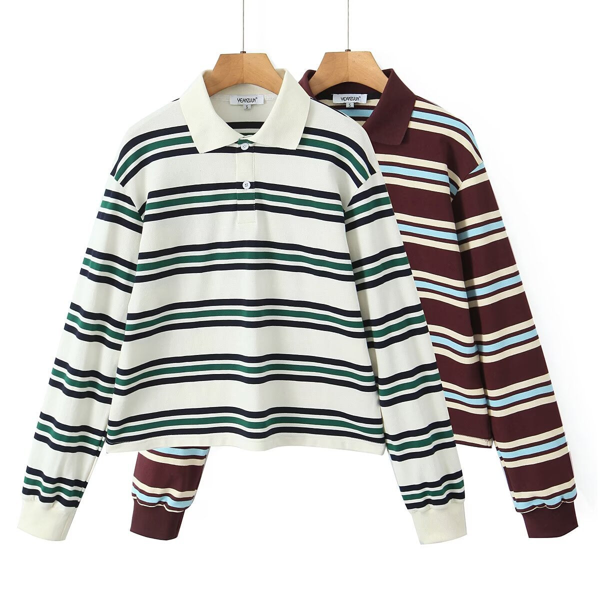 Maeve Women's Polo Collar Top - Two-Tone Striped Long-Sleeve