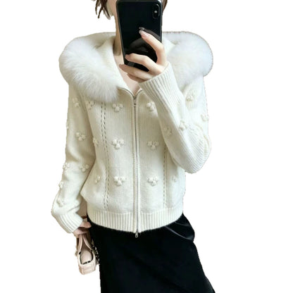 Maeve & Co Women's Faux Fur Hooded Cardigan - Zip-Up Knitted Cardigan Jacket