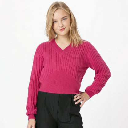 Maeve & Co Women's Cropped Jumper - V-Neck Slim Fit Knit Top, Long Sleeve