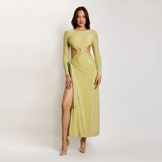 Maeve & Co Women's Gold Maxi Dress - Cut-Out Waist Backless High Slit Cocktail Dress