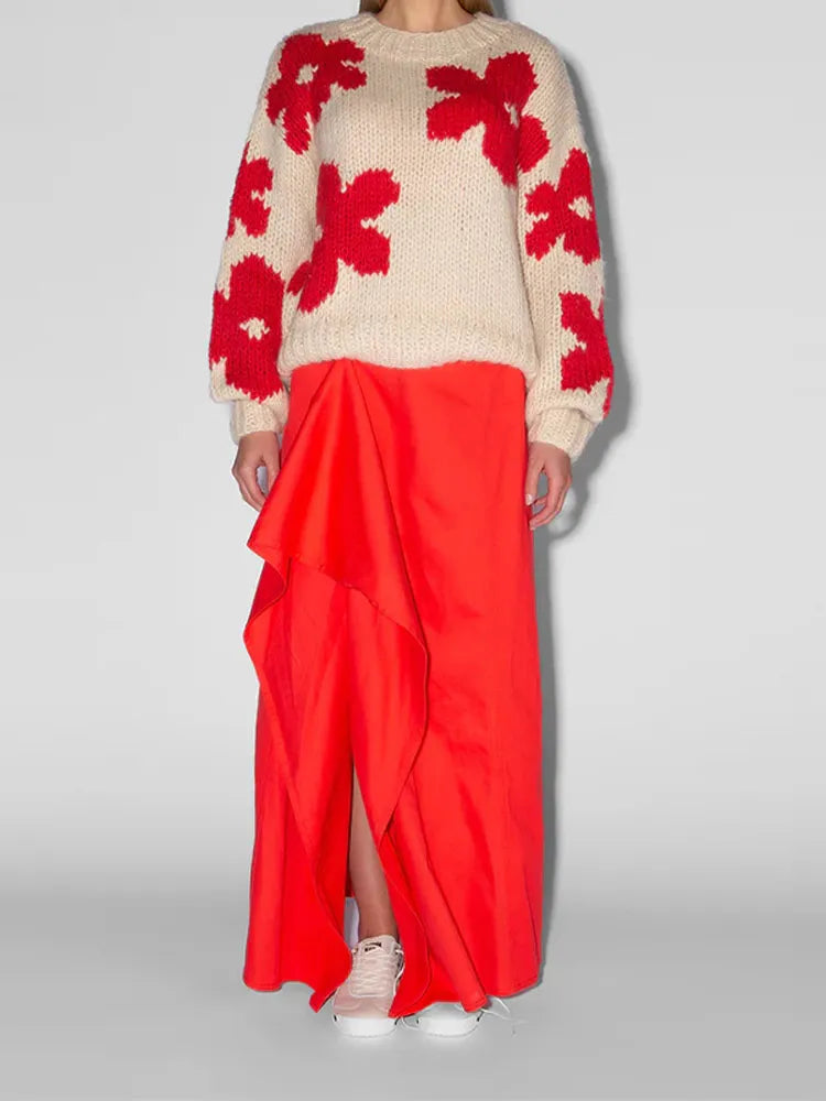 Maeve & Co Women's Floral Jumper - Crew Neck Ribbed Sleeve Chunky Knit Pullover, White & Red