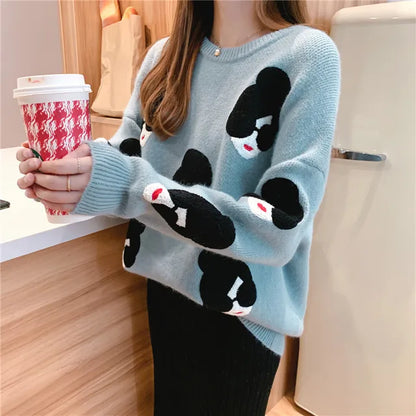 Maeve & Co Women's Embroidered Jumper - Oversized Lantern Sleeve Chunky Knit Pullover