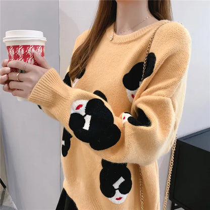 Maeve & Co Women's Embroidered Jumper - Oversized Lantern Sleeve Chunky Knit Pullover