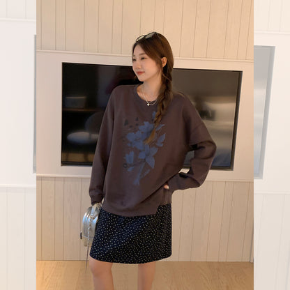 Maeve & Co Women's Floral Sweatshirt - Oversized Crew Neck Printed Pullover, Charcoal