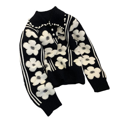 Maeve & Co Women's Embellished Jumper - Pearl Beaded Floral Knit Pullover, Long Sleeve, Black