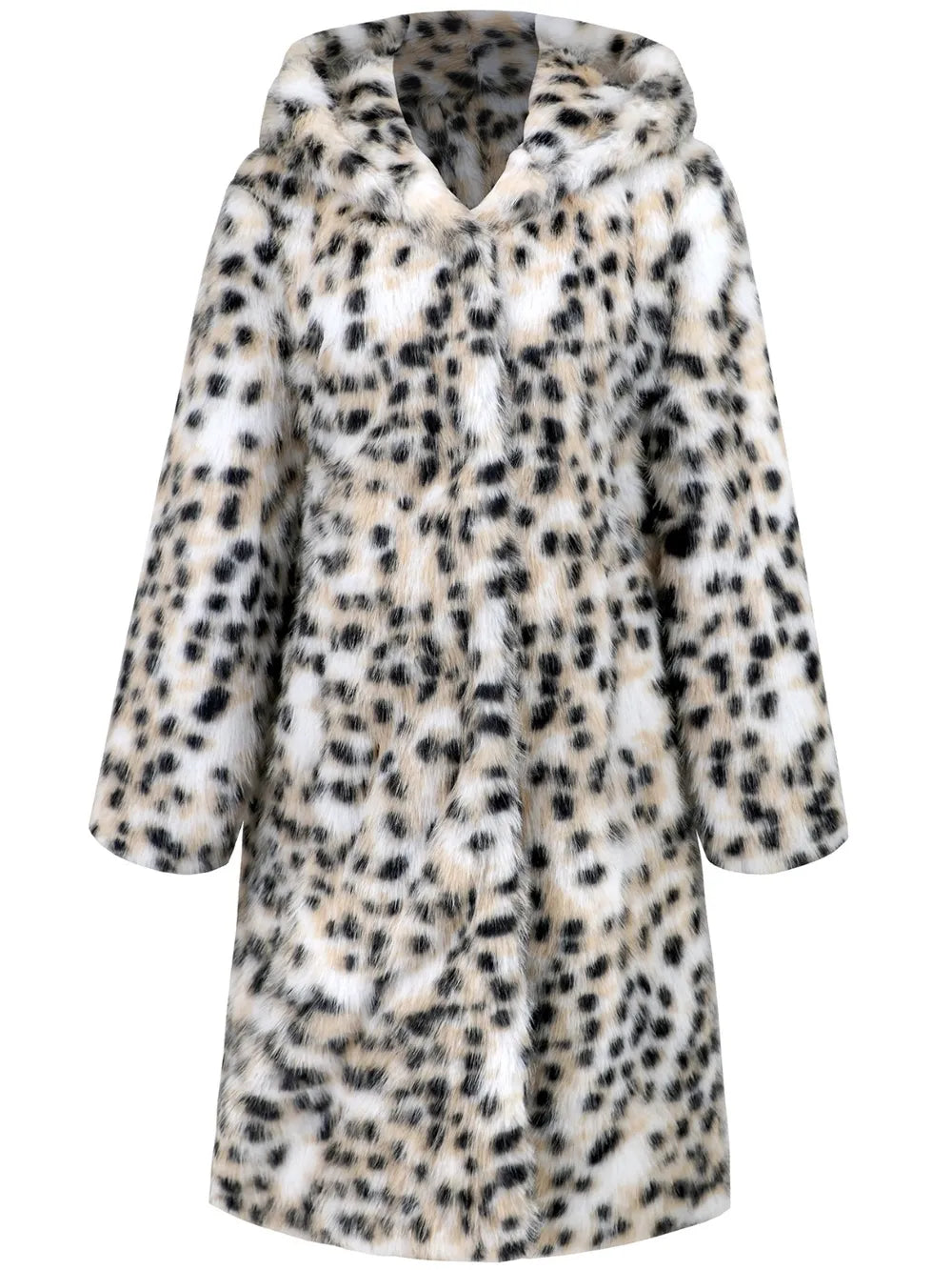 Maeve & Co Women's Faux Fur Jacket - Leopard Print Hooded Faux Fur Coat, White