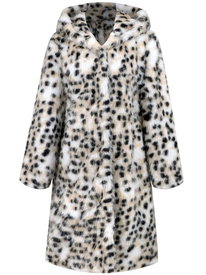 Maeve & Co Women's Faux Fur Jacket - Leopard Print Hooded Faux Fur Coat, White
