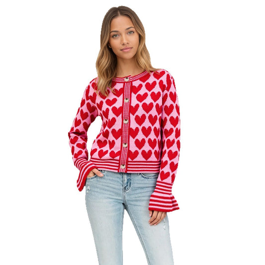 Maeve & Co Women's Heart Cardigan - Button-Front Crew Neck Knitted Cardigan, Colour Block