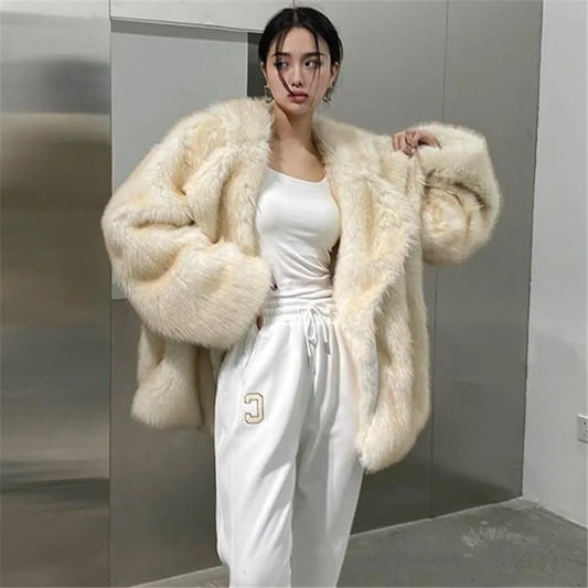 Maeve & Co Women's Faux Fur Jacket - Lapel Collar Fox-Style Plush Coat, Loose Fit
