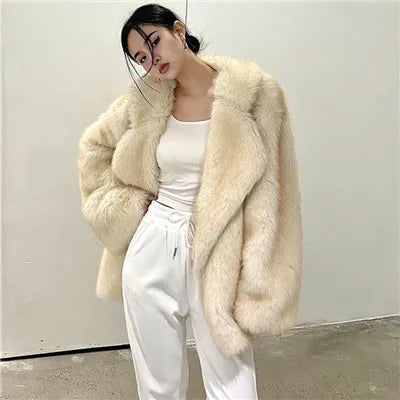 Maeve & Co Women's Faux Fur Jacket - Lapel Collar Fox-Style Plush Coat, Loose Fit