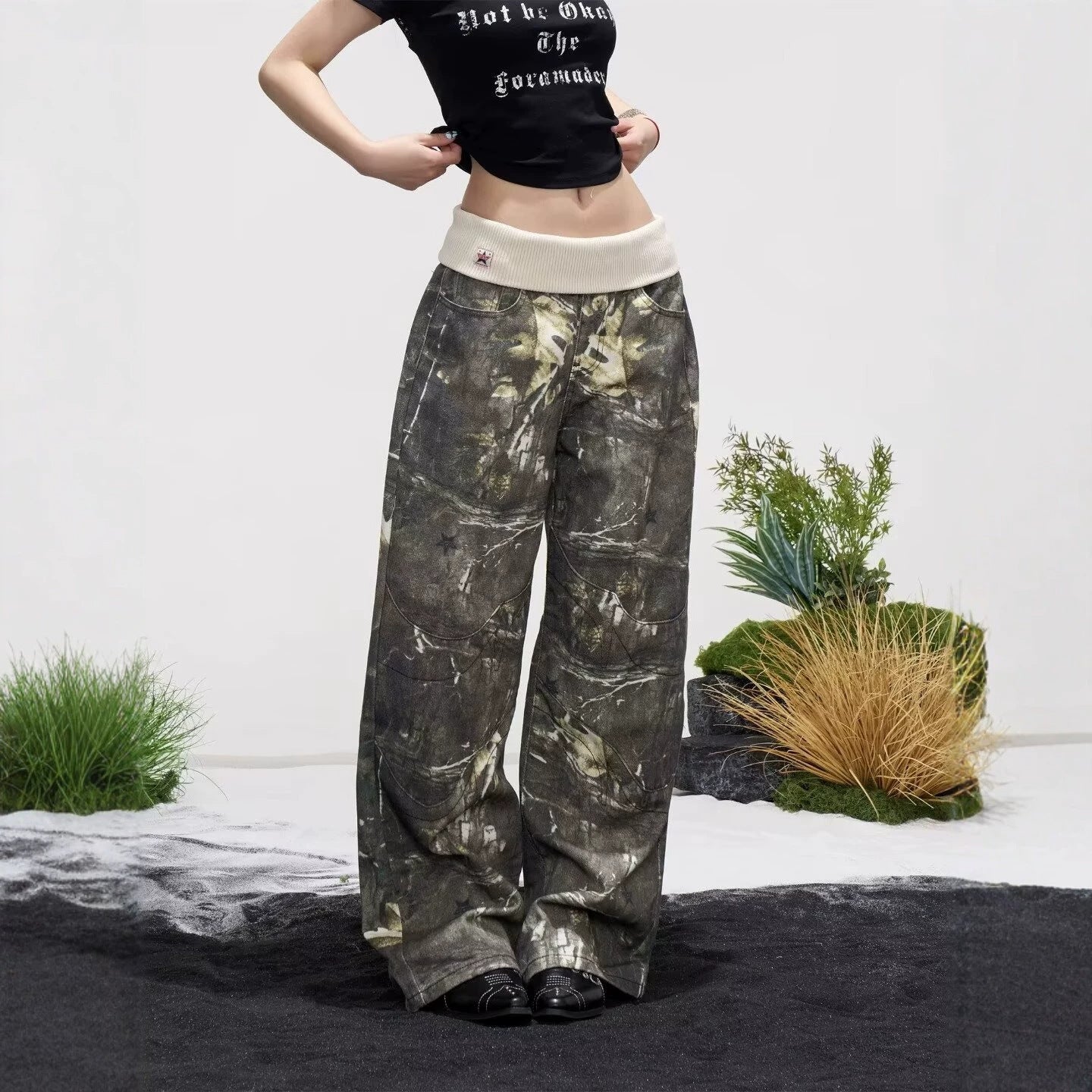 Maeve Women's Wide-Leg Jeans - Camouflage Ribbed-Waist Denim