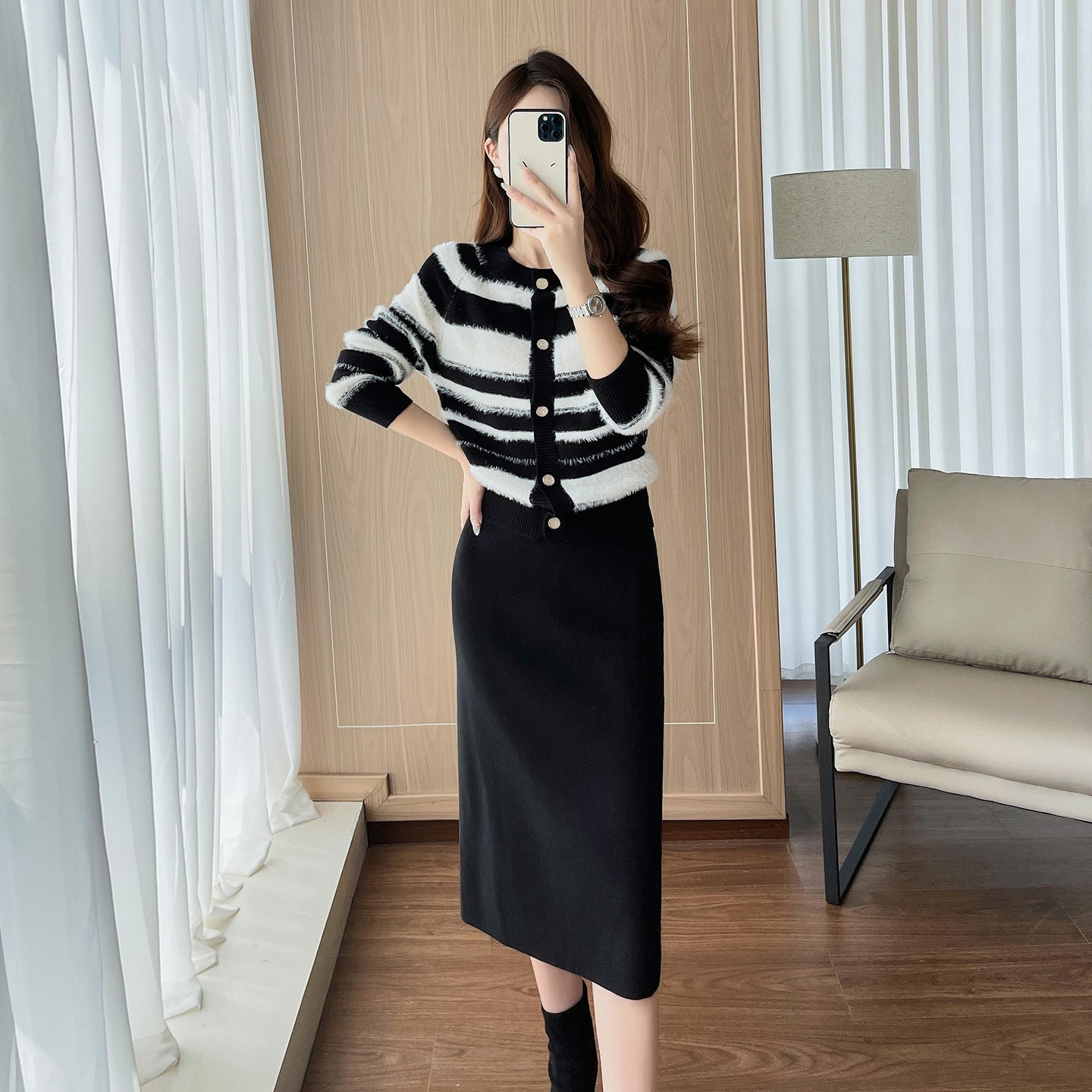 Maeve Women's Knitted Co-Ord Set - Striped Top & Midi Skirt