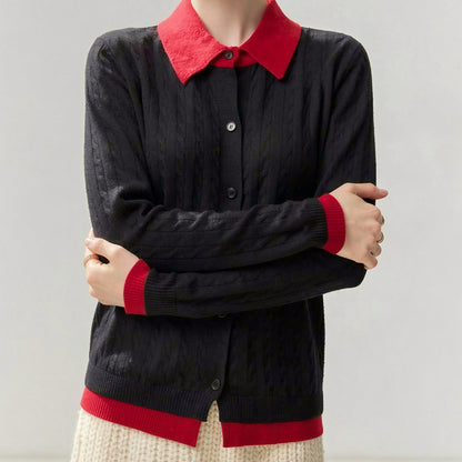 Maeve & Co Women's Collared Cardigan - Contrast Lapel Knitted Cardigan, Long Sleeve, Plus Size