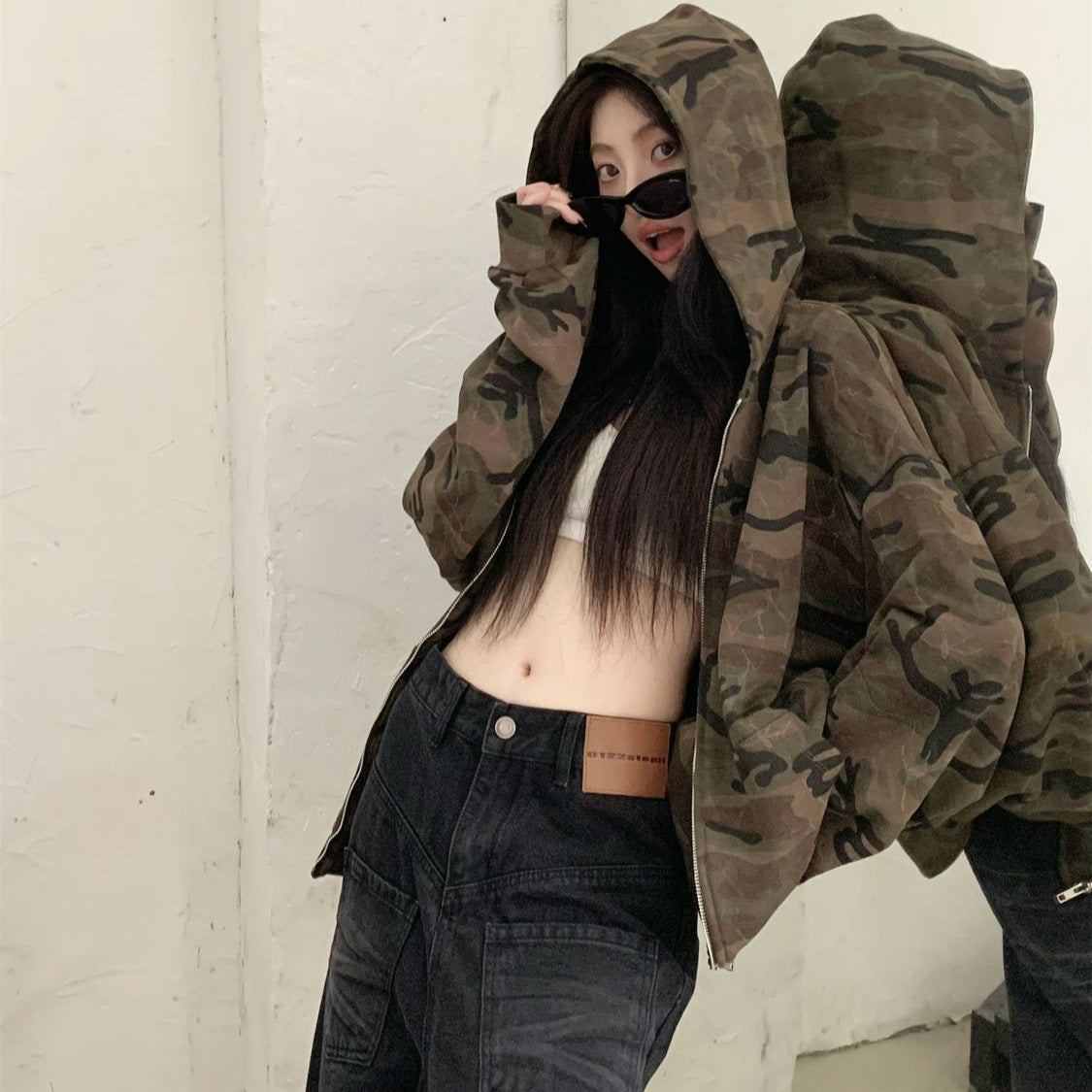 Maeve & Co Women's Camo Zip Hoodie - Oversized Hooded Camouflage Jacket