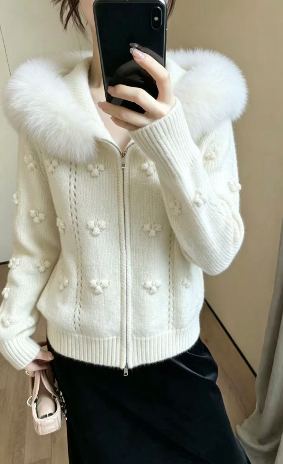 Maeve & Co Women's Faux Fur Hooded Cardigan - Zip-Up Knitted Cardigan Jacket