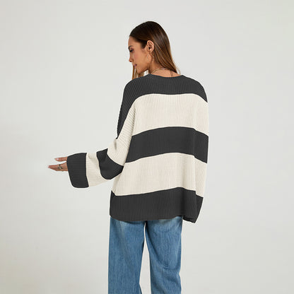 Maeve & Co Women's Striped Cardigan - Crew Neck Patchwork Knitted Cardigan, Colour Block