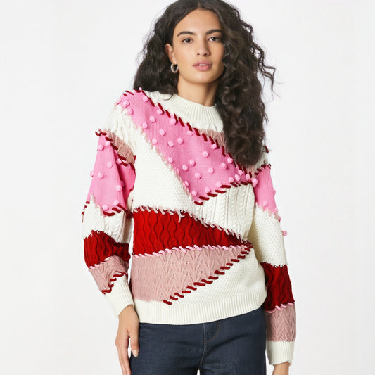 Maeve & Co Women's Colour Block Jumper - Crew Neck Knit Pullover, Long Sleeve, Beige