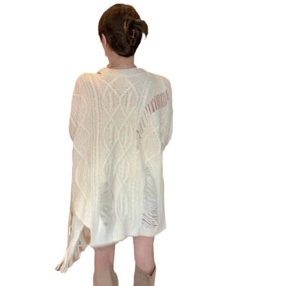 Maeve & Co Women's Open Knit Jumper - Distressed Tassel Oversized Pullover, Beige