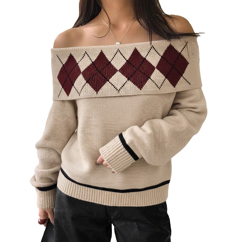 Maeve Women's One-Shoulder Jumper - Diamond Jacquard Loose Knit
