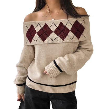 Maeve Women's One-Shoulder Jumper - Diamond Jacquard Loose Knit