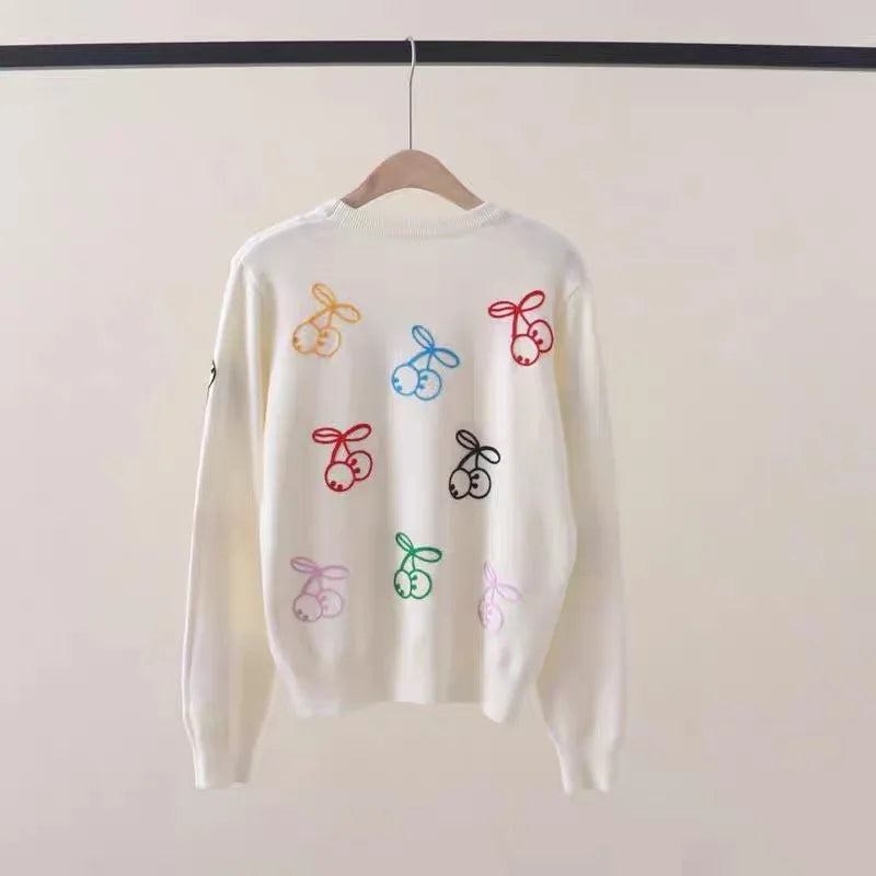 Maeve & Co Women's Cherry Jumper - Embroidered Crew Neck Loose Knit Pullover