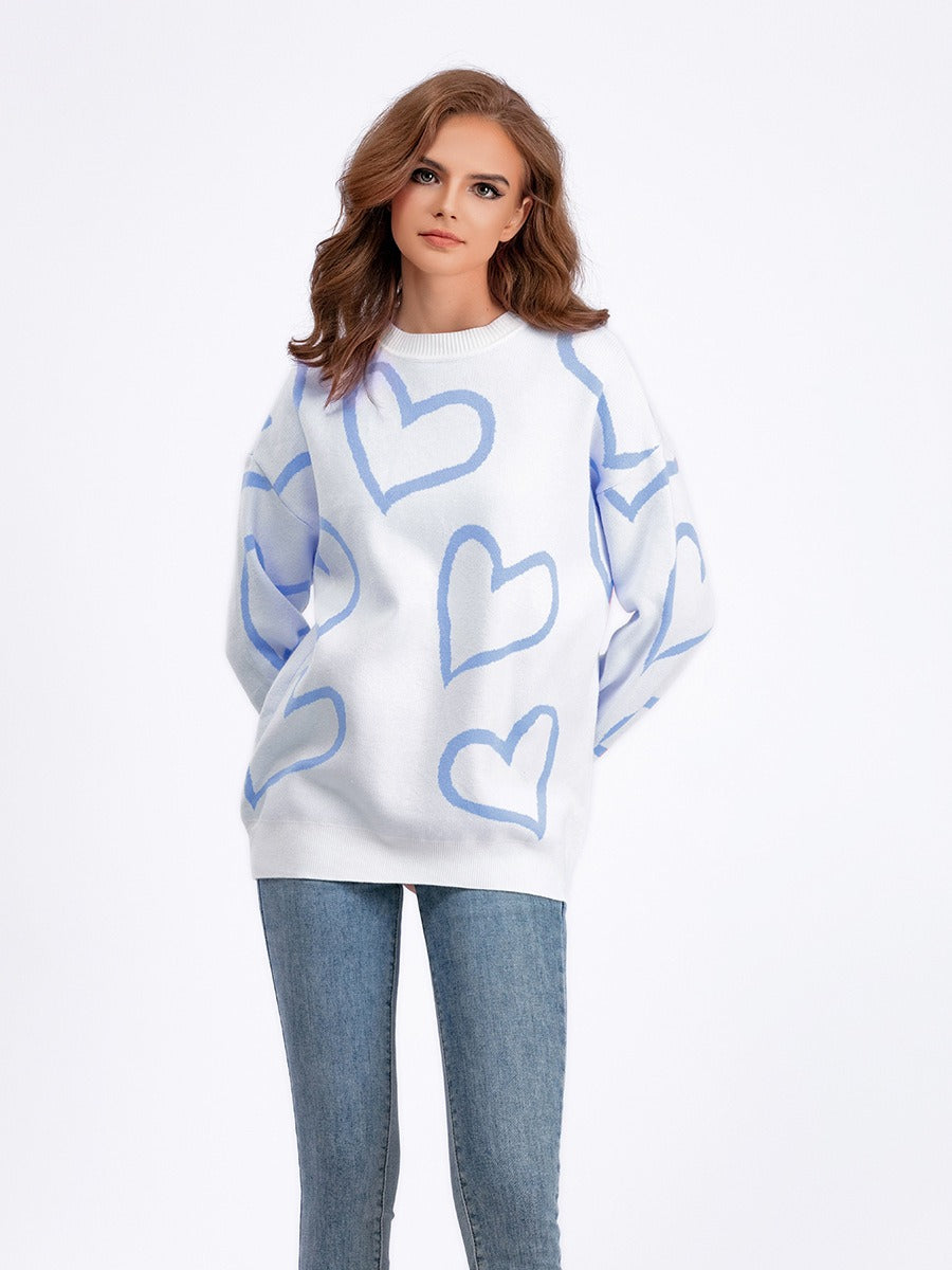 Maeve & Co Women's Heart Jumper - Crew Neck Loose Knit Pullover, Long Sleeve