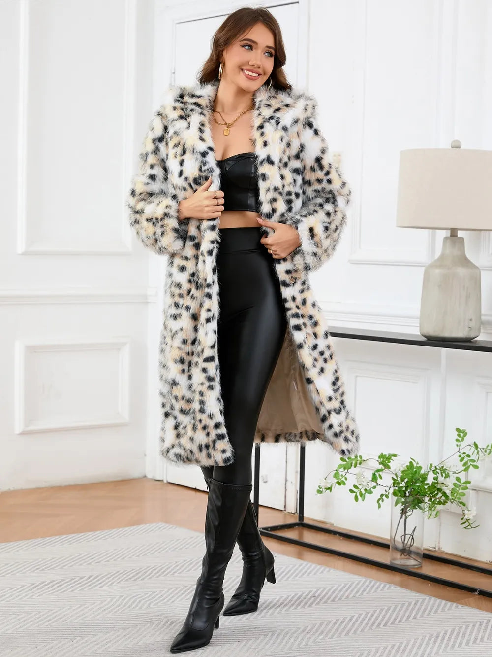 Maeve & Co Women's Faux Fur Jacket - Leopard Print Hooded Faux Fur Coat, White