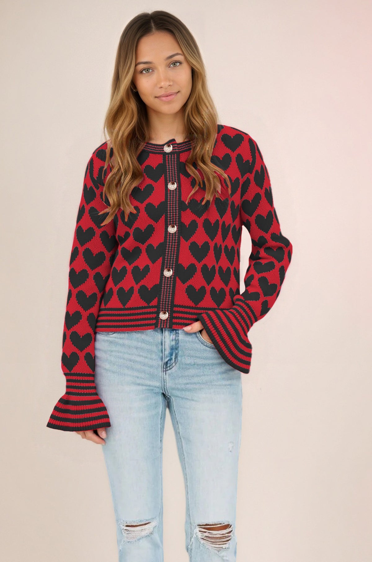 Maeve & Co Women's Heart Cardigan - Button-Front Crew Neck Knitted Cardigan, Colour Block