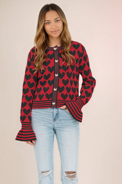 Maeve & Co Women's Heart Cardigan - Button-Front Crew Neck Knitted Cardigan, Colour Block