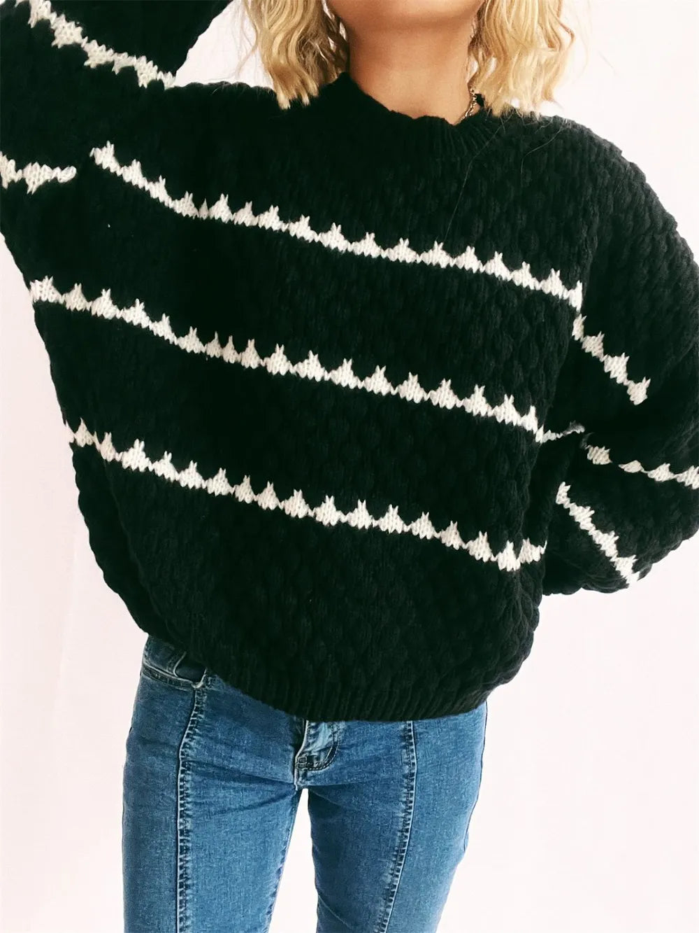 Maeve Women's Knitted Jumper - Contrast Stripe Crew-Neck