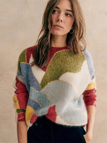 Maeve & Co Women's Sequin Jumper - Patchwork Crew Neck Loose Knit Pullover, Multicolour