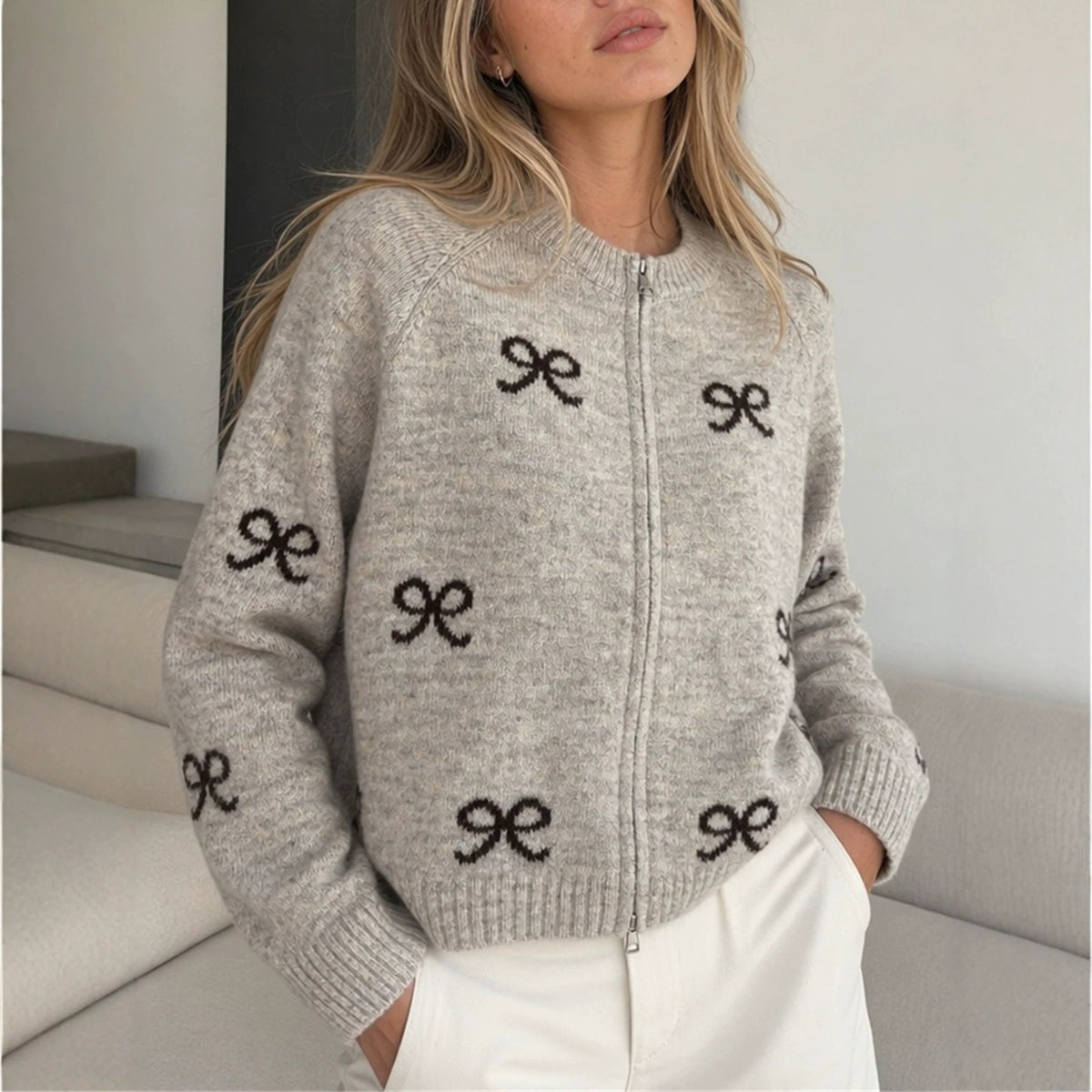 Maeve & Co Women's Bow Cardigan - Crew Neck Knitted Cardigan with Bow Detail, Long Sleeve