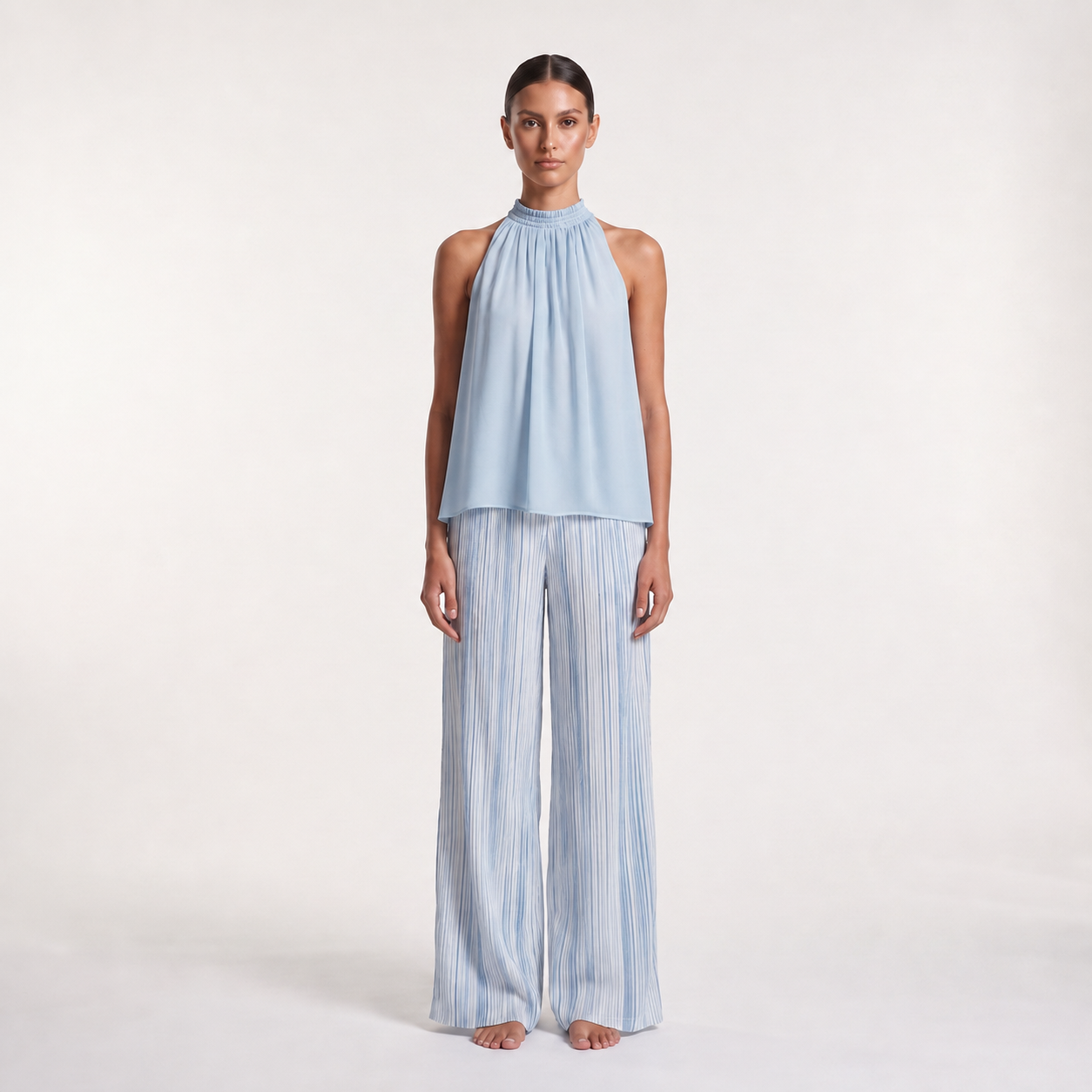 Maeve Women's Blue Co-Ord Set, Chiffon Top & Striped Wide-Leg Trousers