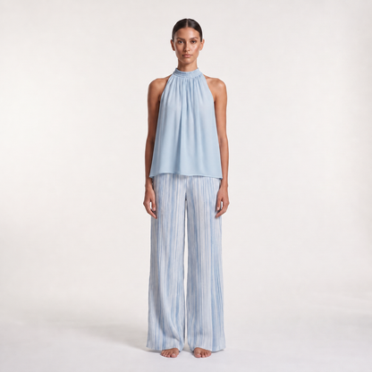 Maeve Women's Blue Co-Ord Set, Chiffon Top & Striped Wide-Leg Trousers