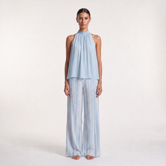 Maeve Women's Blue Co-Ord Set, Chiffon Top & Striped Wide-Leg Trousers