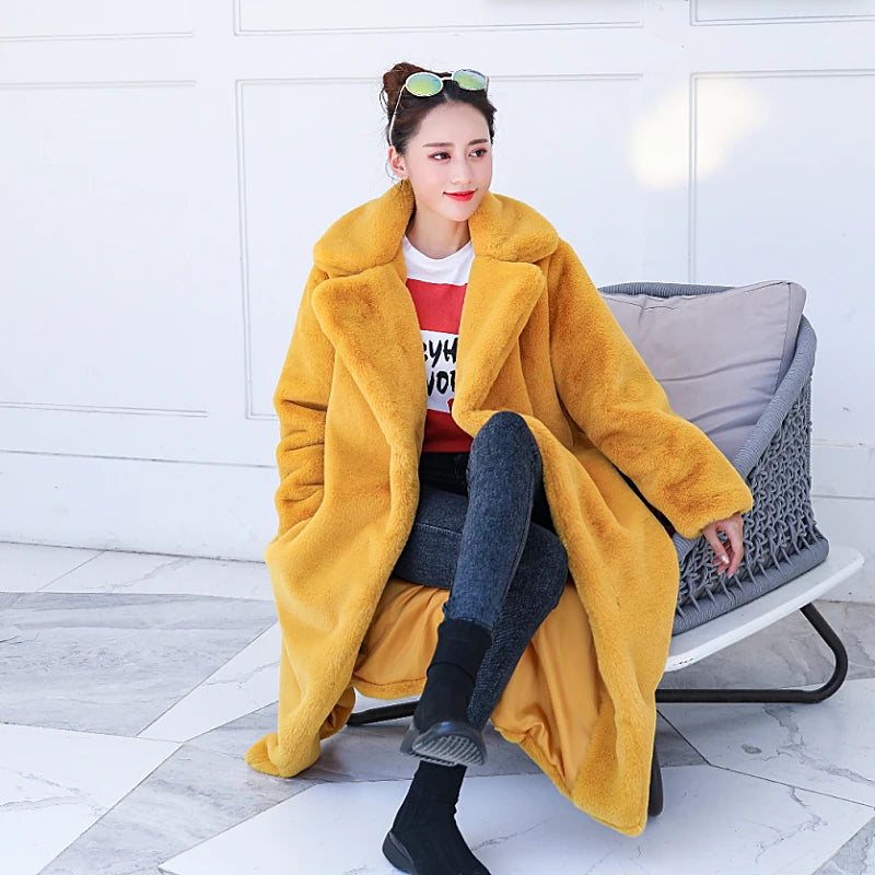 Maeve & Co Women's Faux Fur Coat - Long Lapel Plush Overcoat, Loose Fit