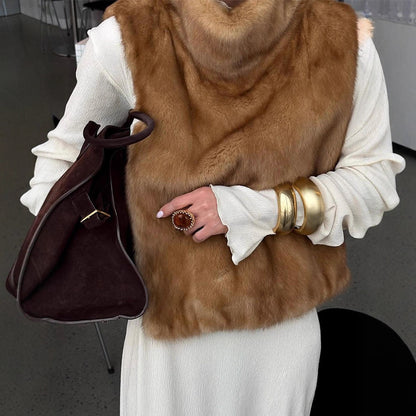 Maeve & Co Women's Faux Fur Gilet - High Neck Sleeveless Fur Vest, Camel