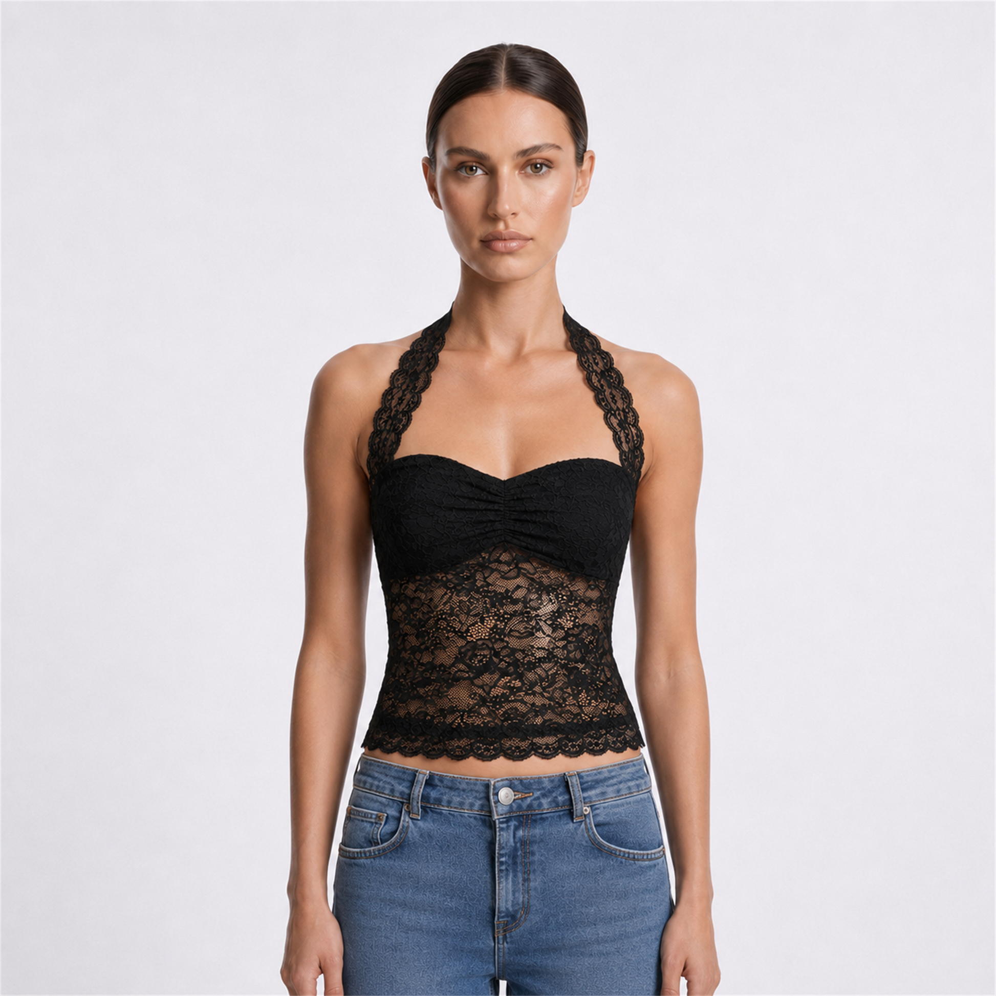 Black longline lace halter top – front hero view
