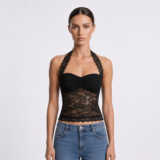 Black longline lace halter top – front hero view