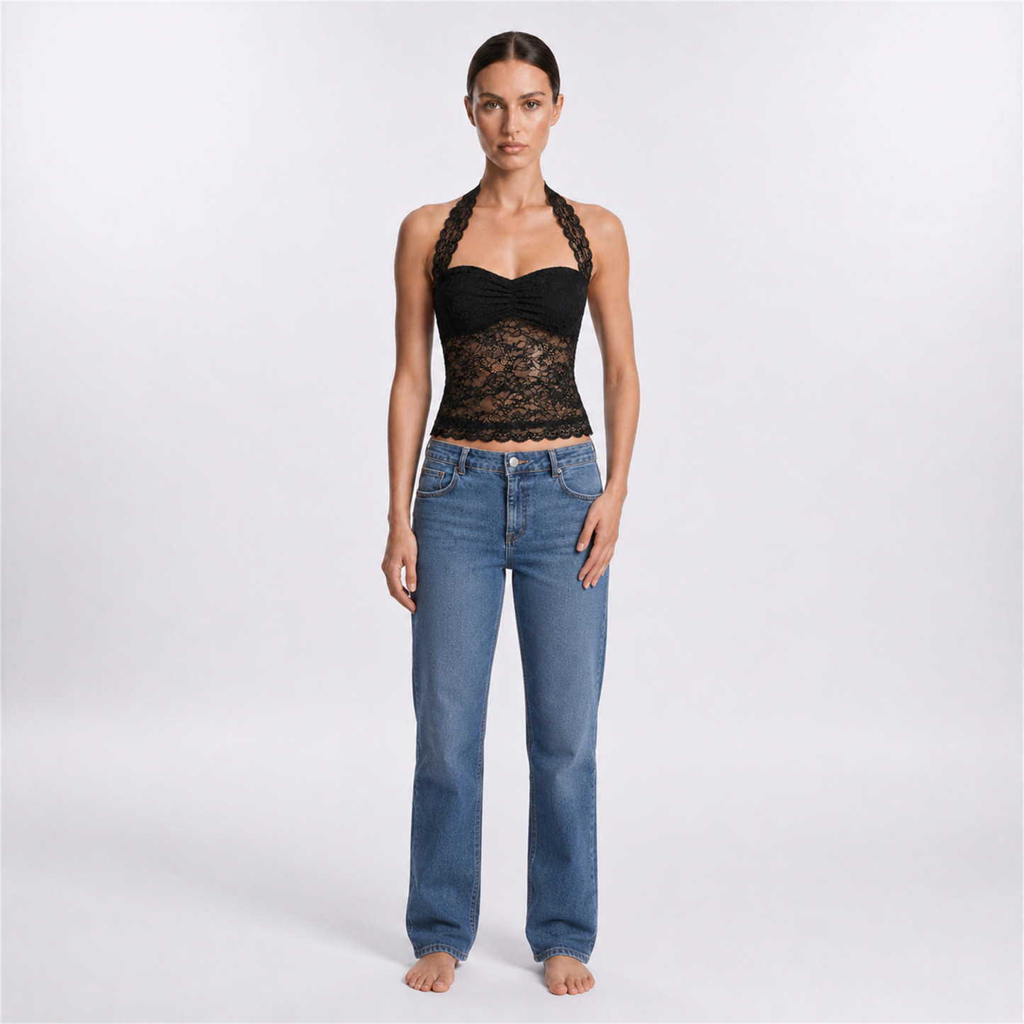 Black longline lace halter top – full model front view