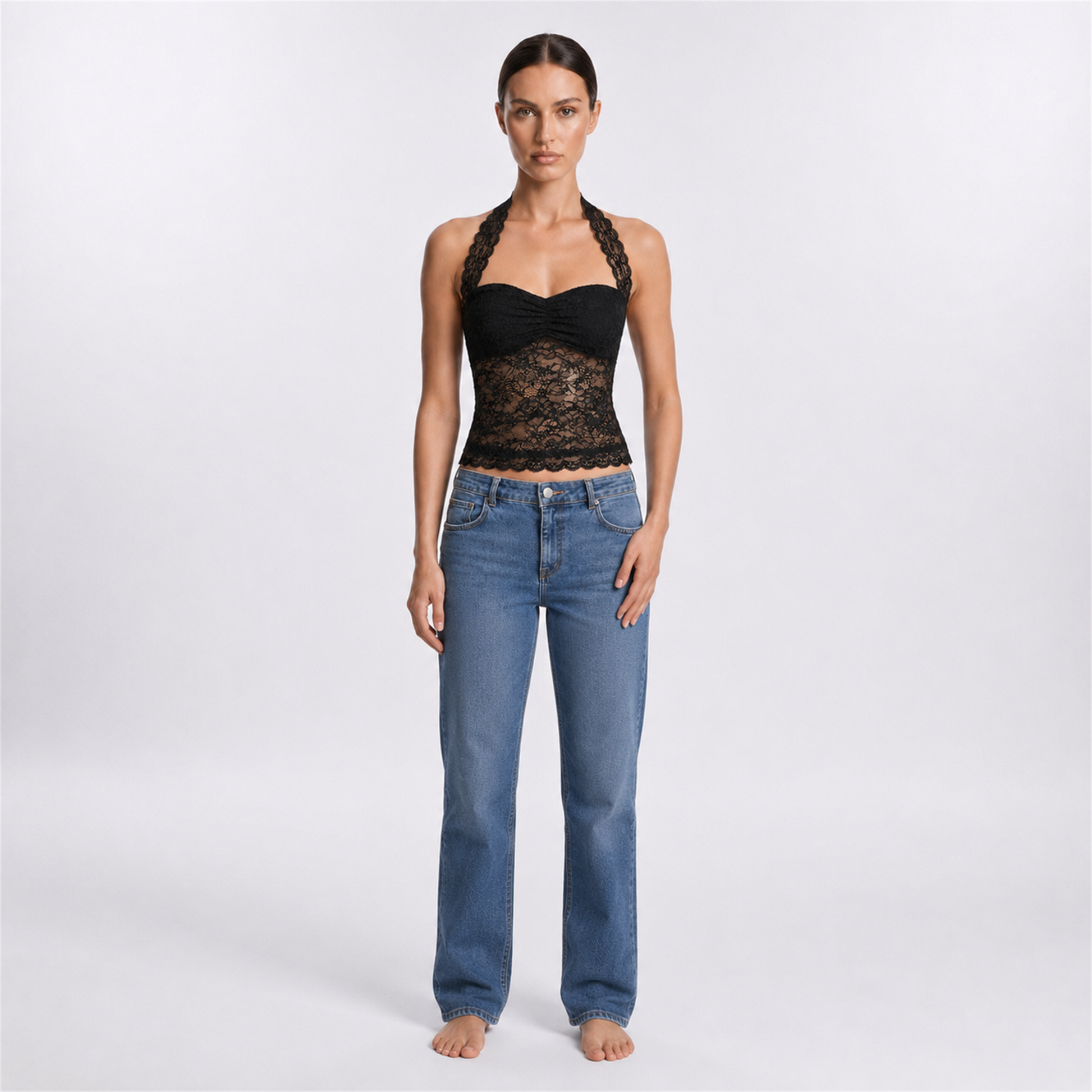 Black longline lace halter top – full model front view