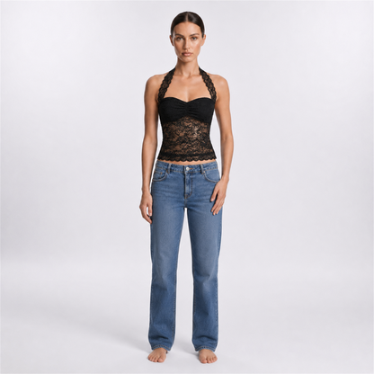 Black longline lace halter top – full model front view